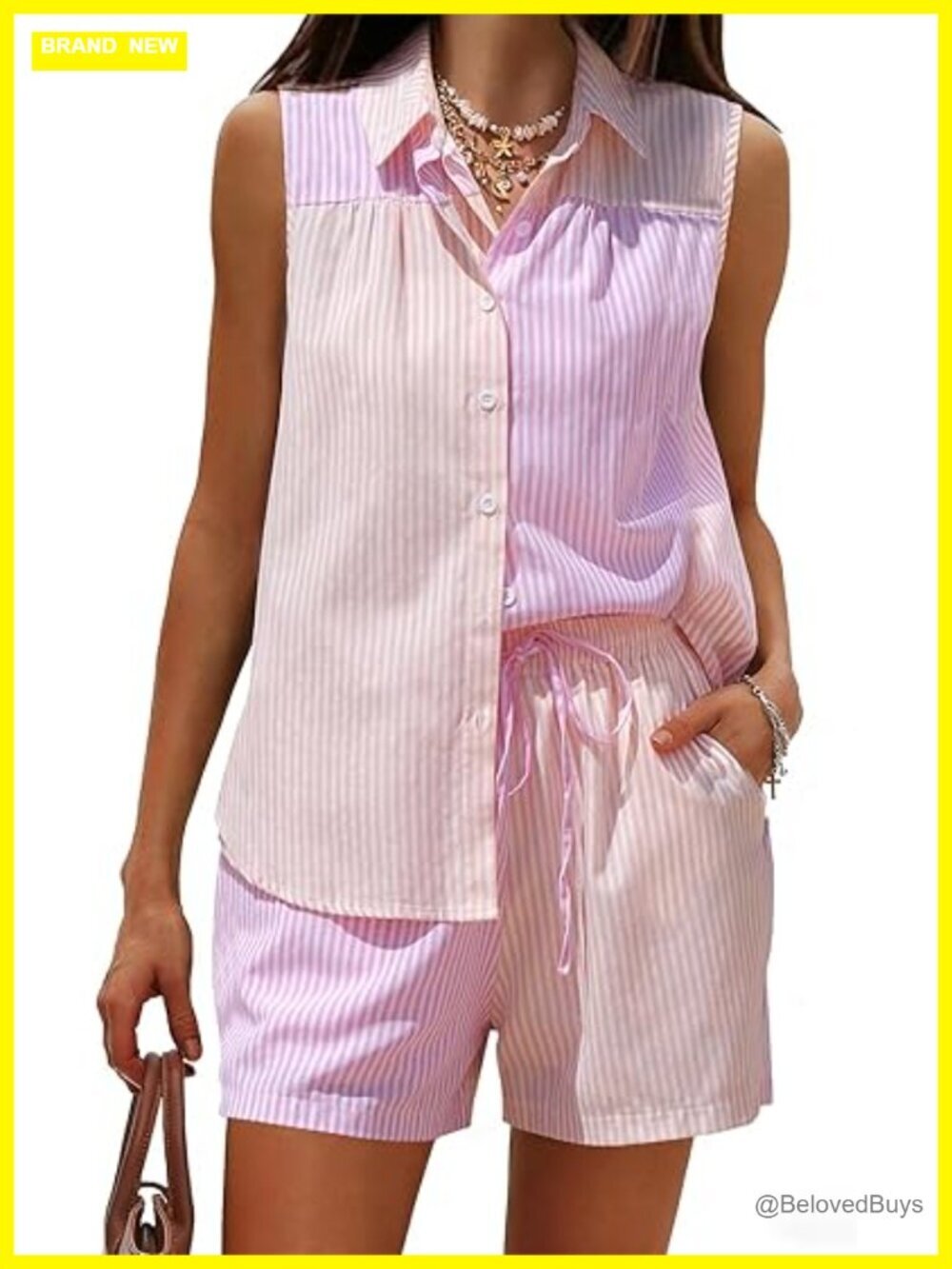 Women's Cotton 2 Piece Outfits Sleeveless Button Down Shirts Matching Shorts